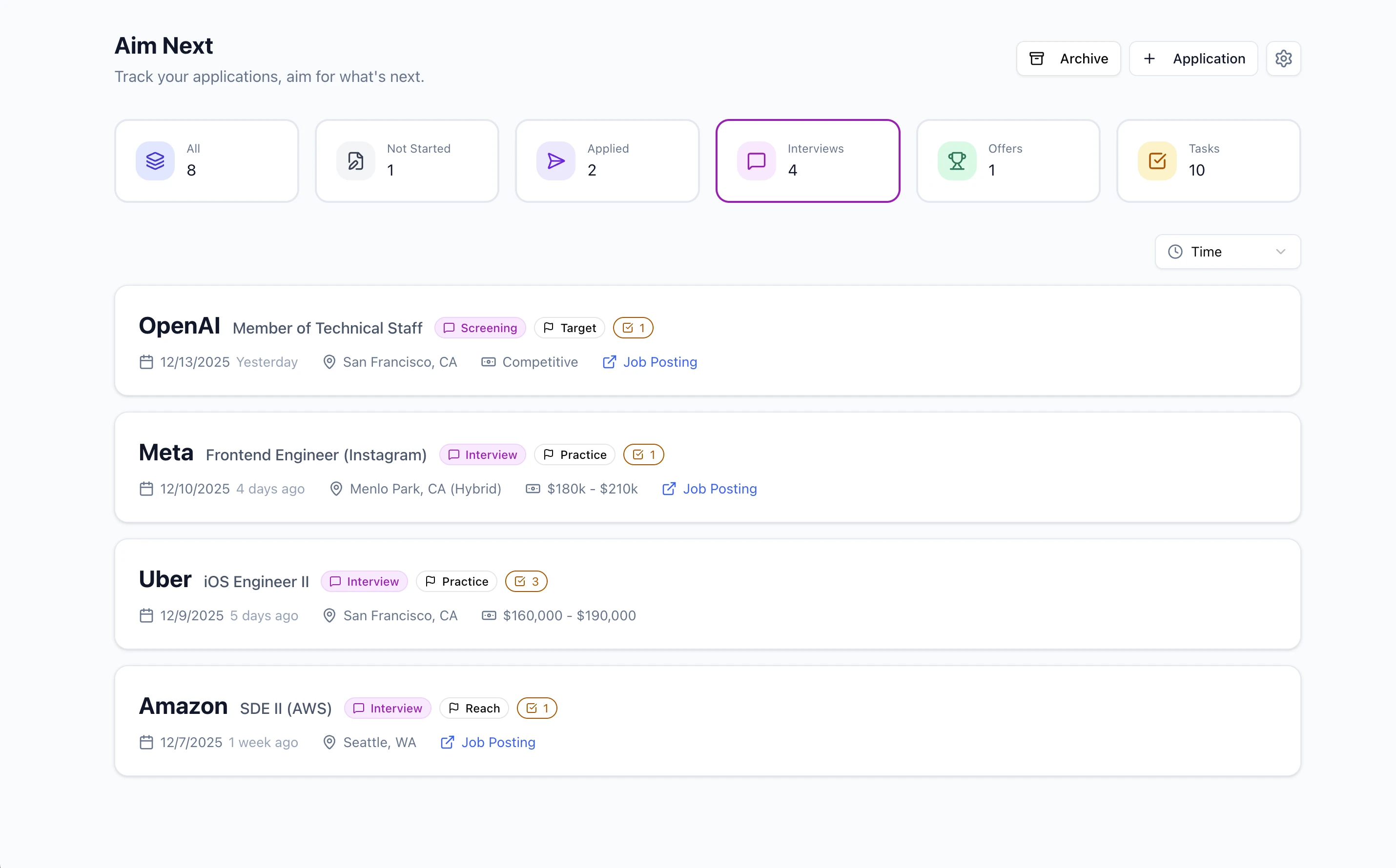 Dashboard overview with interviews tab