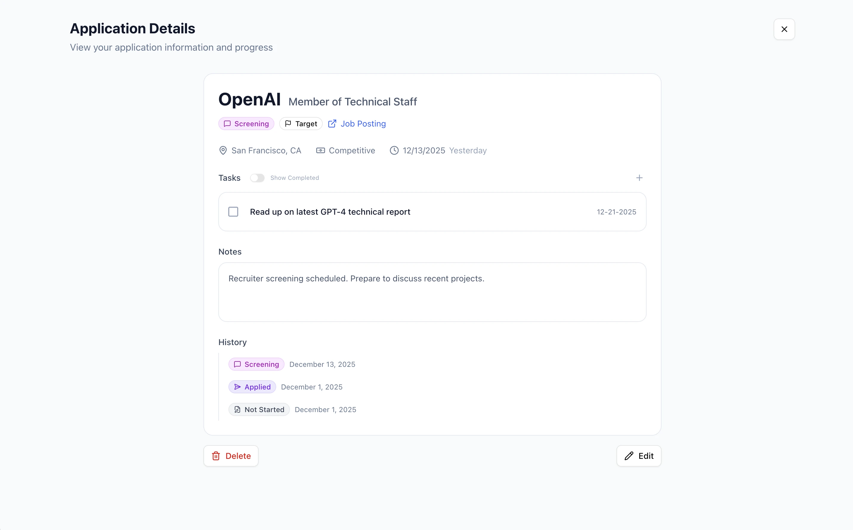 Application details modal
